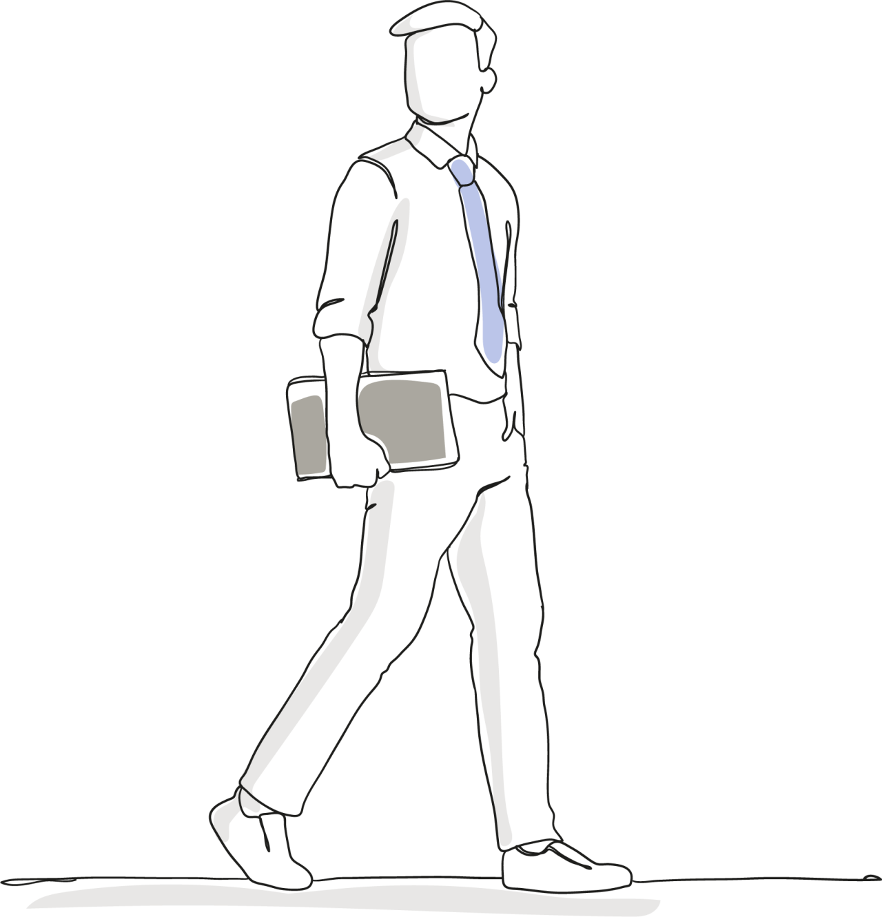 Eine figurative Darstellung eines Mannes in einem weißen Hemd mit blauer Krawatte, der mit Akten in der Hand geschäftlich geht. Er trägt eine Kappe und hat keine sichtbaren Gesichtszüge.